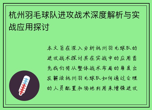杭州羽毛球队进攻战术深度解析与实战应用探讨