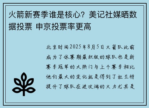 火箭新赛季谁是核心？美记社媒晒数据投票 申京投票率更高